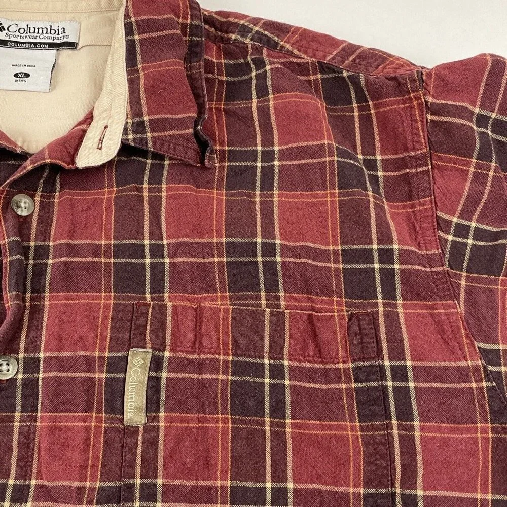 Columbia Button Up Plaid Shirt Men’s XL Cotton Reds Orange Long Sleeve Outdoors